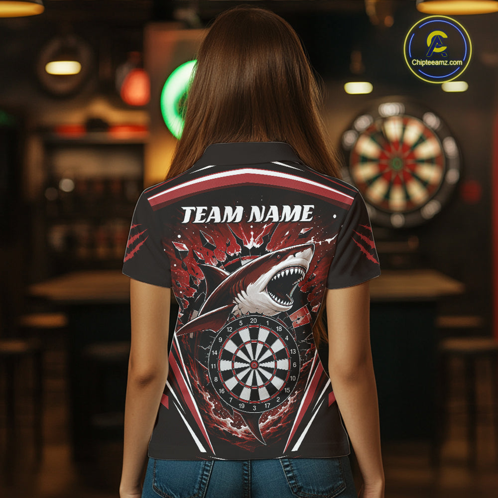 Custom Red Shark With Broken Dartboard Darts Team Polo Shirt For Women, Darts League Shirt IPHW11738