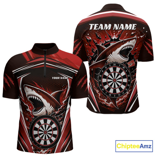 Custom Red Shark With Broken Dartboard Darts Team Quarter Zip Shirt For Men, Darts League Shirt IPHW11738