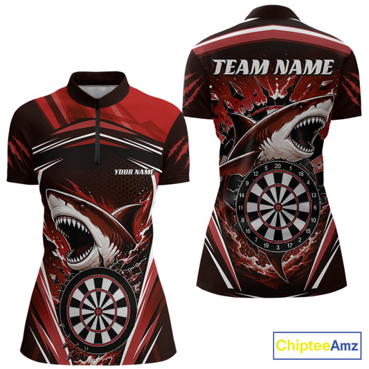 Custom Red Shark With Broken Dartboard Darts Quarter-Zip Shirt Women, Darts League Shirt IPHW11738