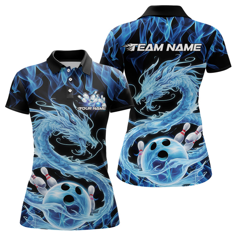 Black And Blue Custom Flame Dragon Bowling Polo Shirts For Women, Bowling League Shirt IPHW8079