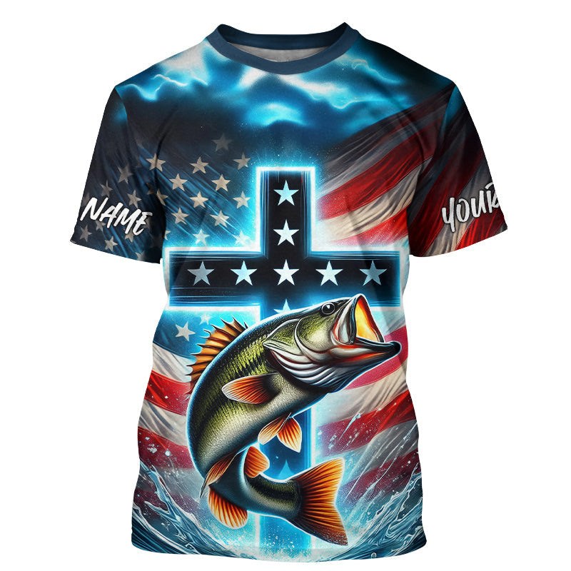 Custom Faith Largemouth Bass Patriotic Tournament Fishing T Shirt, Bass Fishing Jersey IPHW8082