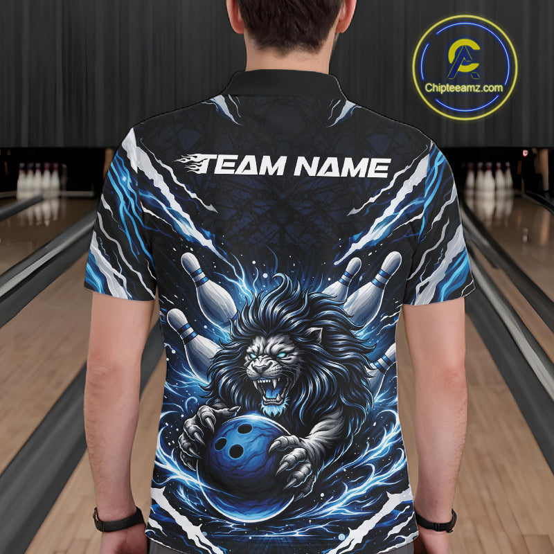 Custom Black And Blue Lion Bowling Jerseys, Lion Bowling Tournament Men Polo Shirt IPHW10352