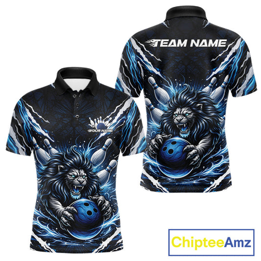 Custom Black And Blue Lion Bowling Jerseys, Lion Bowling Tournament Men Polo Shirt IPHW10352