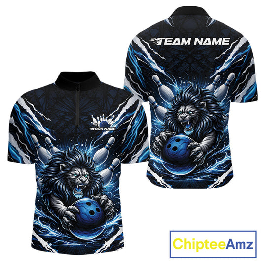Custom Black And Blue Lion Bowling Jerseys, Lion Bowling Tournament Men Quarter-Zip Shirt IPHW10352