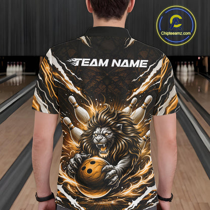 Custom Black And Gold Lion Bowling Jerseys, Lion Bowling Tournament Men Polo Shirt IPHW10354