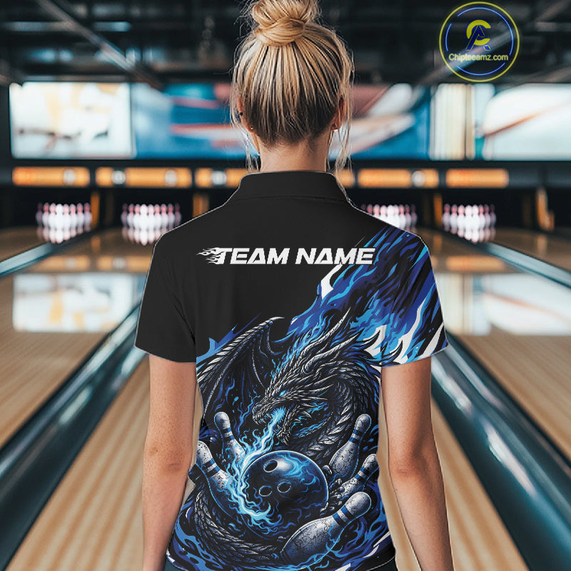 Custom Blue Flame Dragon Bowling Women Polo Team Shirts, Bowling Tournament Shirt IPHW10359