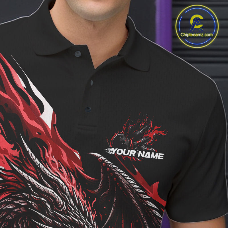 Custom Red Flame Dragon Bowling Men Polo Team Shirts, Bowling Tournament Shirt IPHW10360
