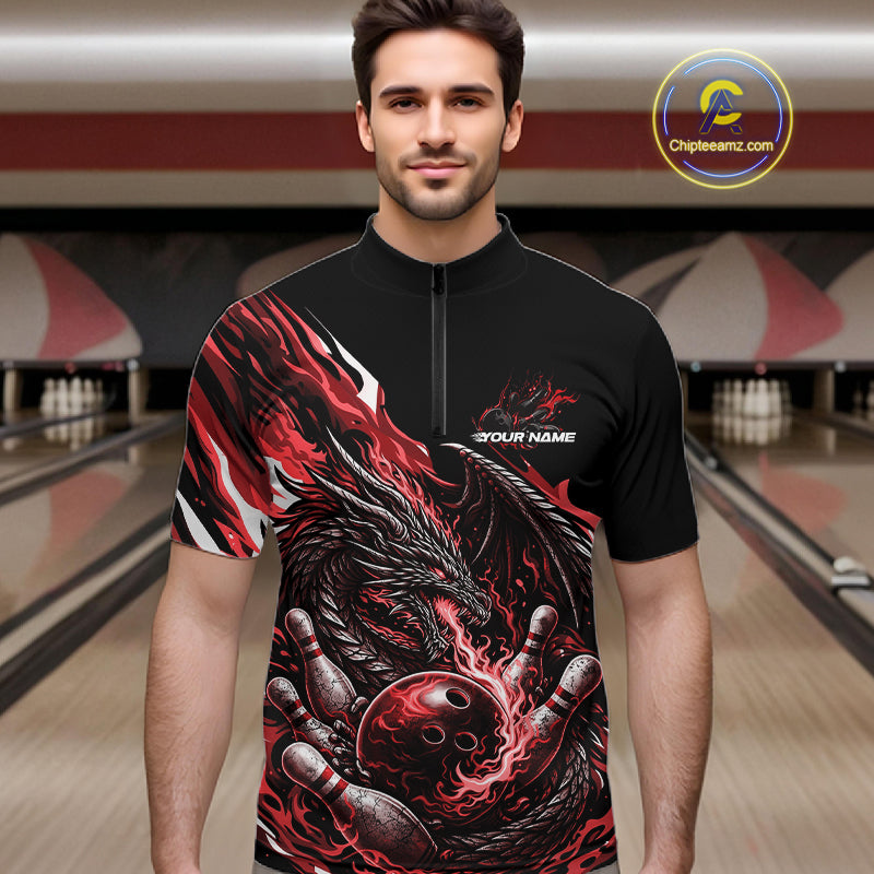 Custom Red Flame Dragon Bowling Men Quarter-Zip Team Shirts, Bowling Tournament Shirt IPHW10360