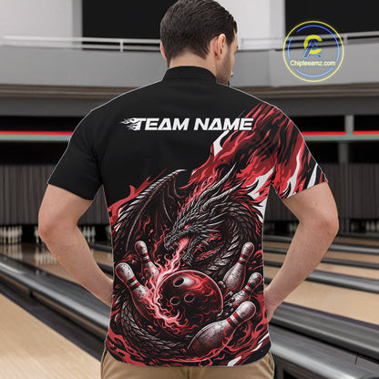 Custom Red Flame Dragon Bowling Men Quarter-Zip Team Shirts, Bowling Tournament Shirt IPHW10360