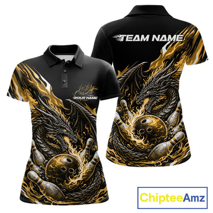 Custom Yellow Flame Dragon Bowling Women Polo Team Shirts, Bowling Tournament Shirt IPHW10361
