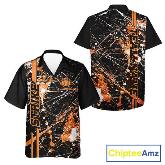 Custom Black And Orange Splatter Camo Strike Bowling League Shirts, Men And Women Bowling Jerseys IPHW10650