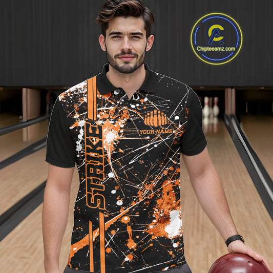 Custom Black And Orange Splatter Camo Strike Bowling League Shirts, Men Bowling Jerseys IPHW10650