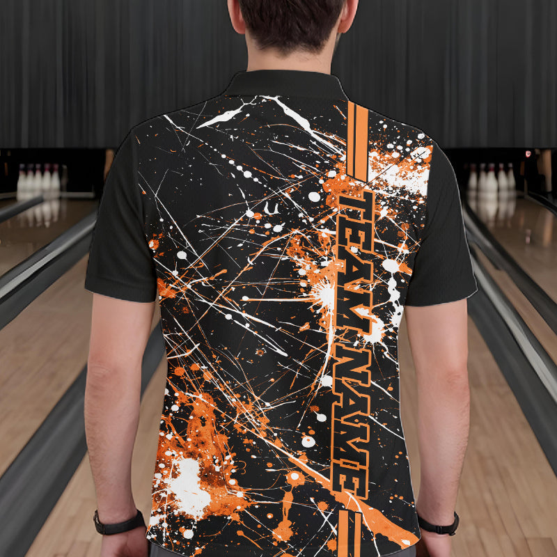 Custom Black And Orange Splatter Camo Strike Bowling League Shirts, Men Bowling Jerseys IPHW10650