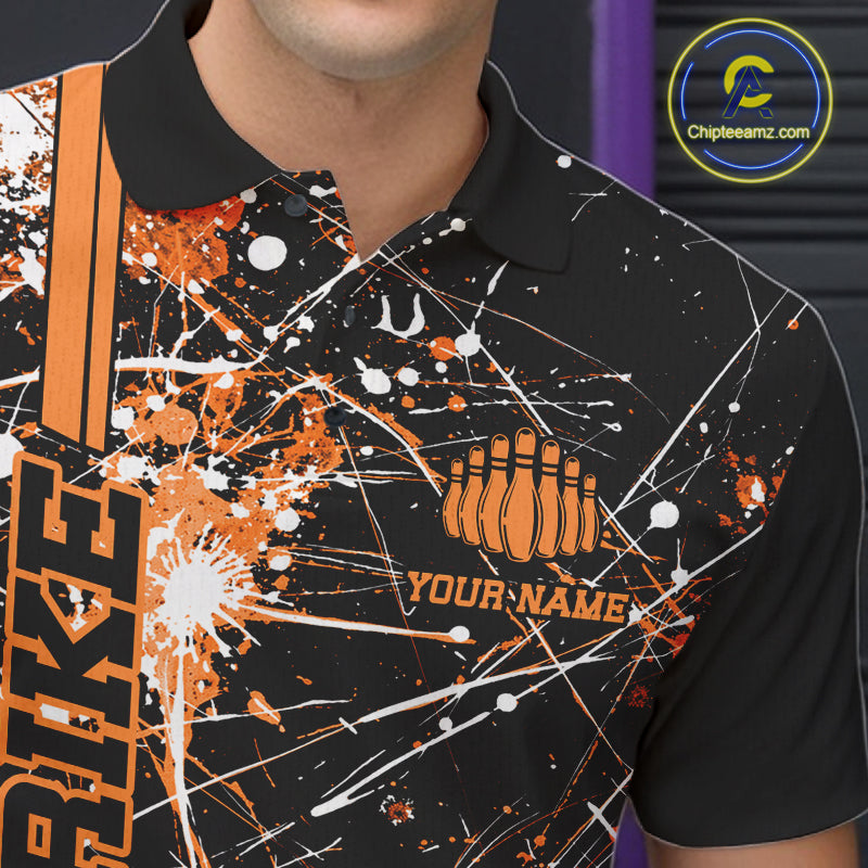 Custom Black And Orange Splatter Camo Strike Bowling League Shirts, Men Bowling Jerseys IPHW10650