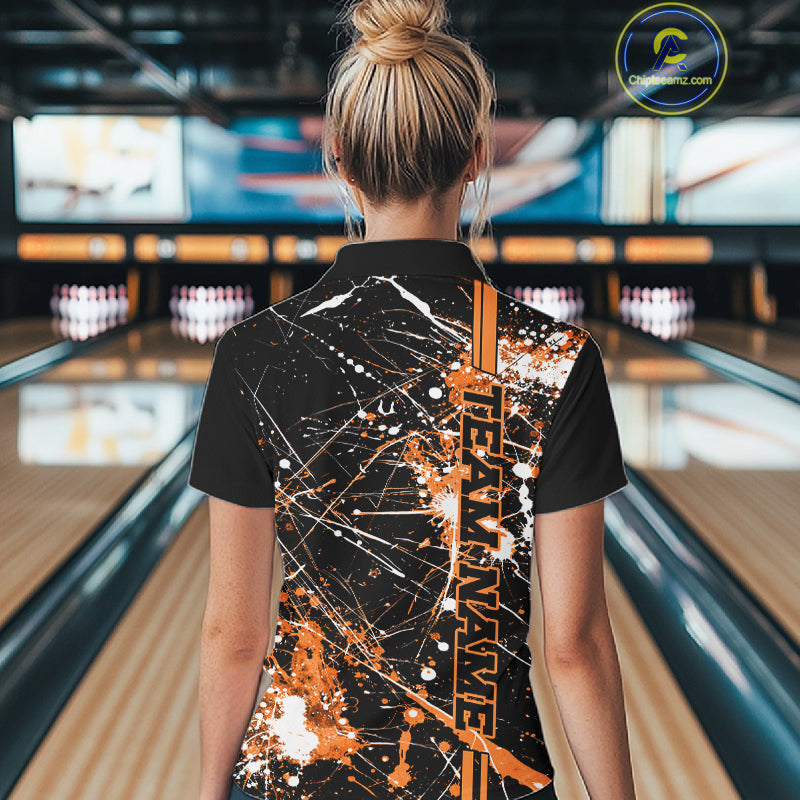 Custom Black And Orange Splatter Camo Strike Bowling League Shirts, Women Bowling Jerseys IPHW10650