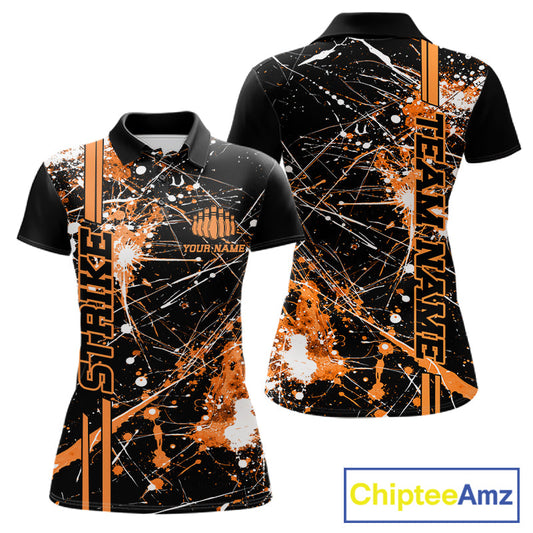 Custom Black And Orange Splatter Camo Strike Bowling League Shirts, Women Bowling Jerseys IPHW10650