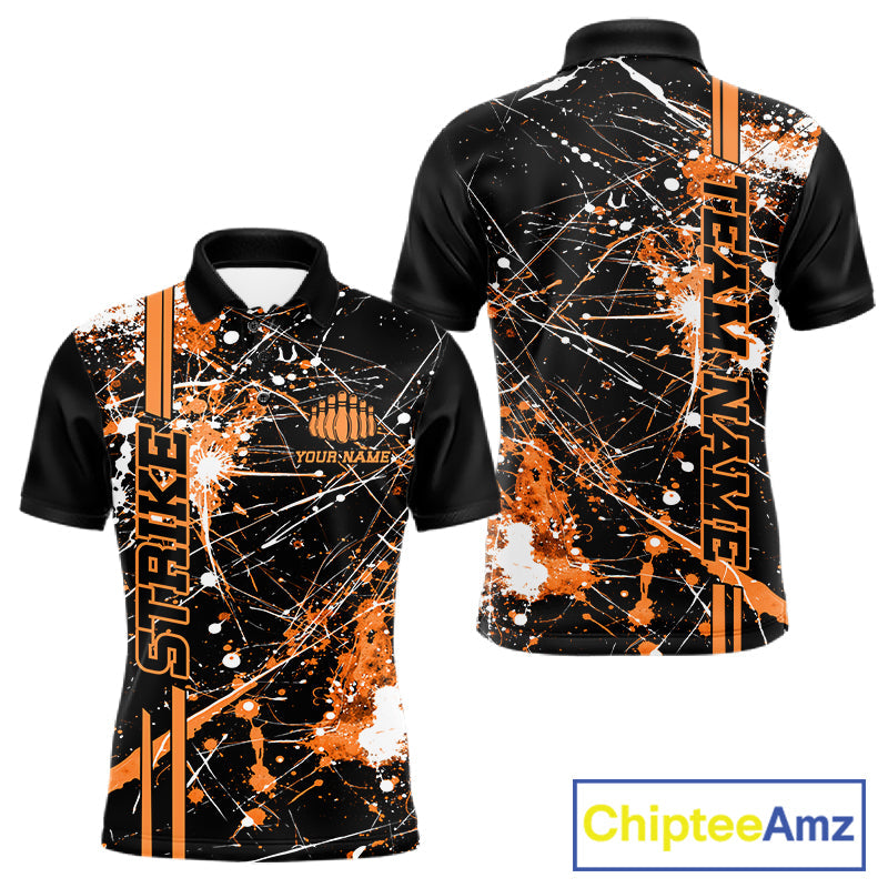 Custom Black And Orange Splatter Camo Strike Bowling League Shirts, Men Bowling Jerseys IPHW10650