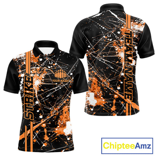 Custom Black And Orange Splatter Camo Strike Bowling League Shirts, Men Bowling Jerseys IPHW10650