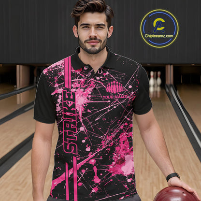 Custom Black And Pink Splatter Camo Strike Bowling League Shirts, Men Bowling Jerseys IPHW10651