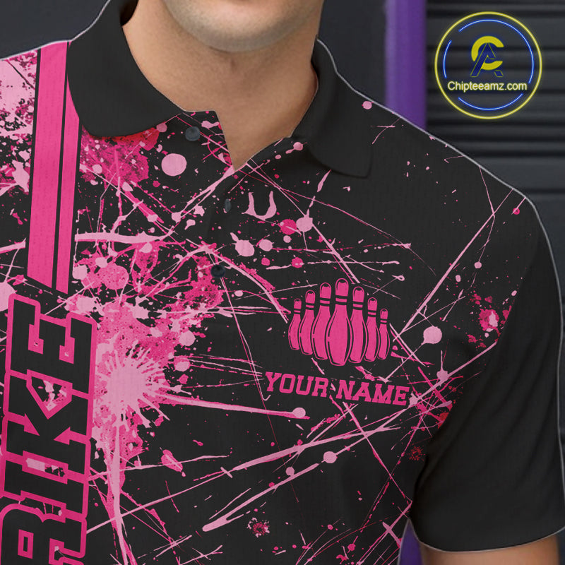 Custom Black And Pink Splatter Camo Strike Bowling League Shirts, Men Bowling Jerseys IPHW10651