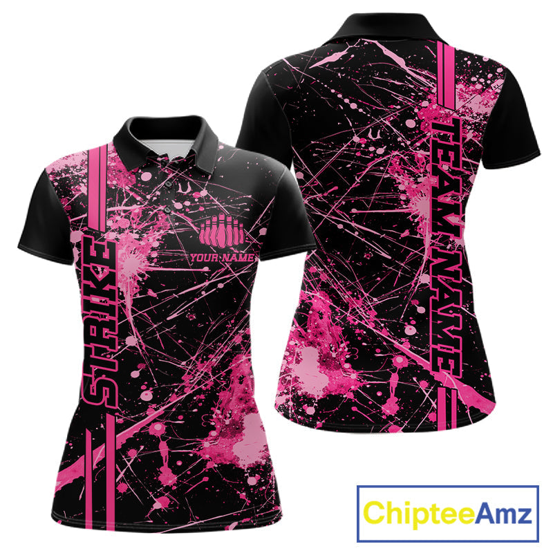 Custom Black And Pink Splatter Camo Strike Bowling League Shirts, Women Bowling Jerseys IPHW10651