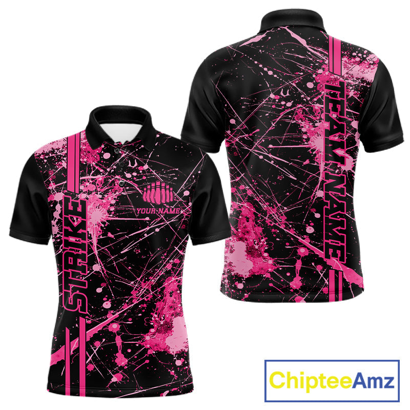 Custom Black And Pink Splatter Camo Strike Bowling League Shirts, Men Bowling Jerseys IPHW10651