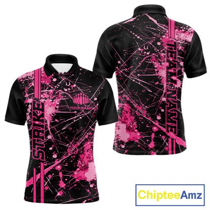 Custom Black And Pink Splatter Camo Strike Bowling League Shirts, Men Bowling Jerseys IPHW10651