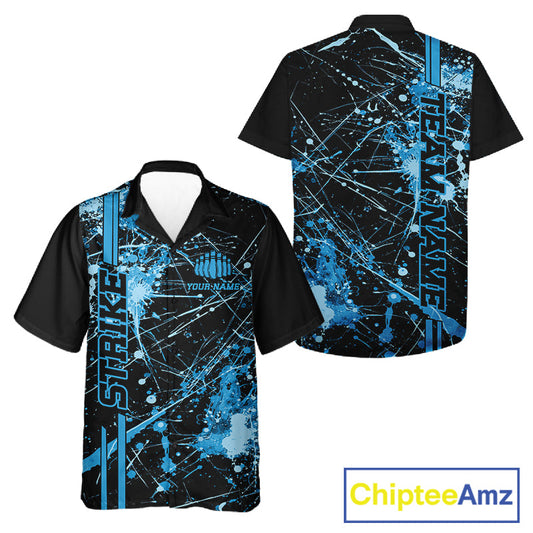 Custom Black And Blue Splatter Camo Strike Bowling League Shirts, Men And Women Bowling Jerseys IPHW10652