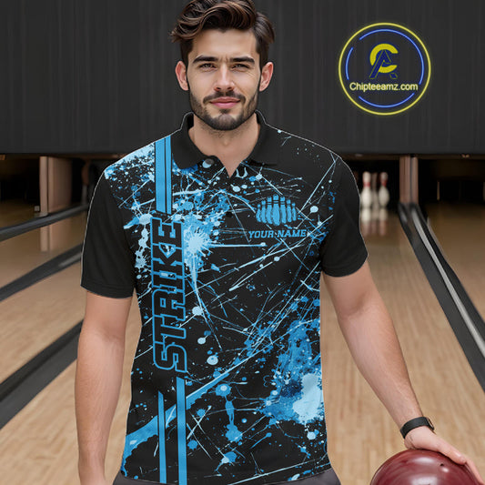Custom Black And Blue Splatter Camo Strike Bowling League Shirts, Men Bowling Jerseys IPHW10652