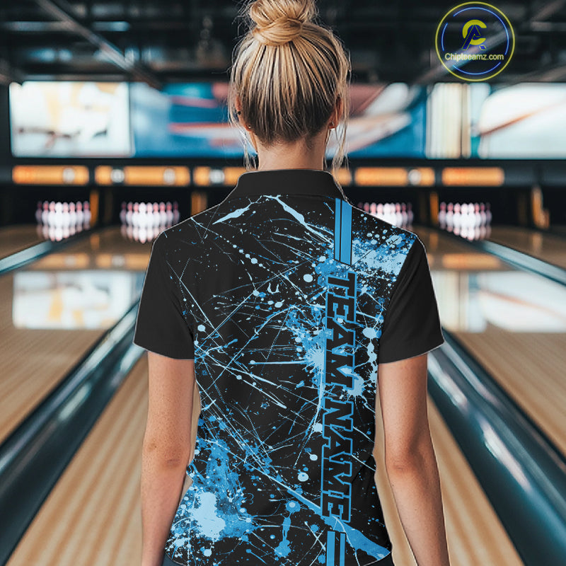 Custom Black And Blue Splatter Camo Strike Bowling League Shirts, Women Bowling Jerseys IPHW10652