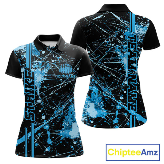 Custom Black And Blue Splatter Camo Strike Bowling League Shirts, Women Bowling Jerseys IPHW10652