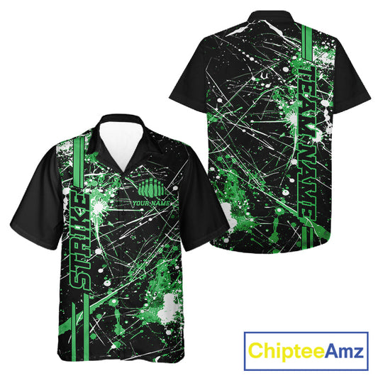 Custom Black And Green Splatter Camo Strike Bowling League Shirts, Men And Women Bowling Jerseys IPHW10653