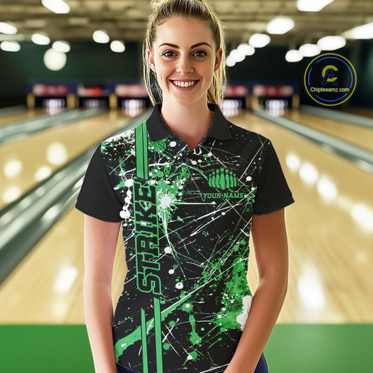Custom Black And Green Splatter Camo Strike Bowling League Shirts, Women Bowling Jerseys IPHW10653