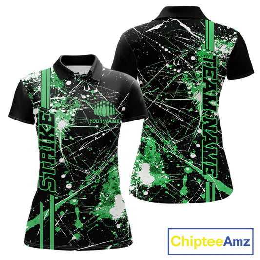 Custom Black And Green Splatter Camo Strike Bowling League Shirts, Women Bowling Jerseys IPHW10653