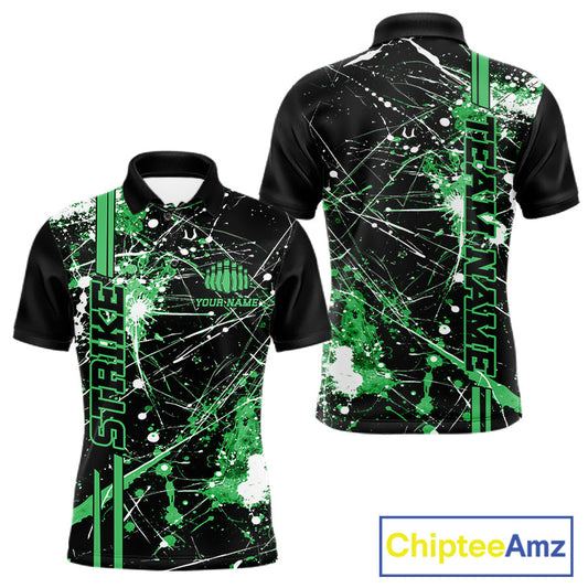 Custom Black And Green Splatter Camo Strike Bowling League Shirts, Men Bowling Jerseys IPHW10653