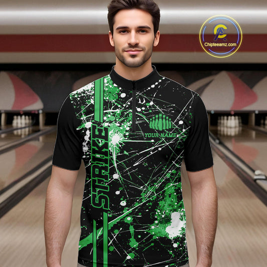 Custom Black And Green Splatter Camo Strike Bowling League Shirts, Men Bowling Jerseys IPHW10653