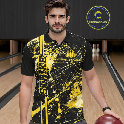 Custom Black And Yellow Splatter Camo Strike Bowling League Shirts, Men Bowling Jerseys IPHW10654