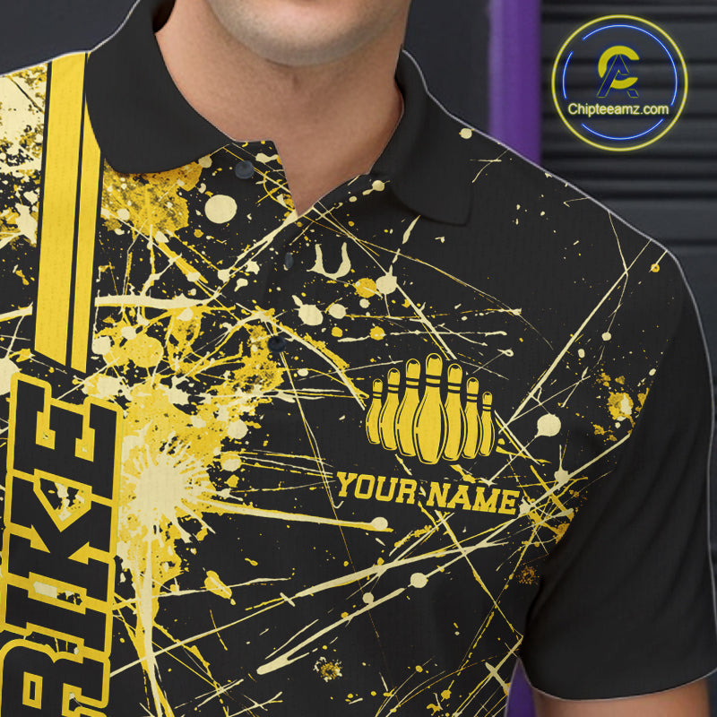 Custom Black And Yellow Splatter Camo Strike Bowling League Shirts, Men Bowling Jerseys IPHW10654