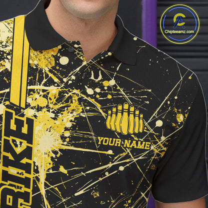 Custom Black And Yellow Splatter Camo Strike Bowling League Shirts, Men Bowling Jerseys IPHW10654