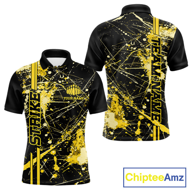 Custom Black And Yellow Splatter Camo Strike Bowling League Shirts, Men Bowling Jerseys IPHW10654