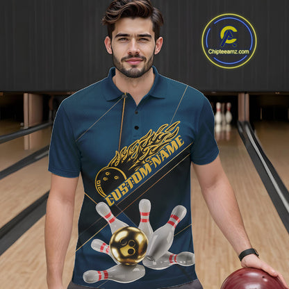 Custom Blue And Gold Bowling Shirts For Men, Flame Bowling Team Shirts Bowling Uniform IPHW10661