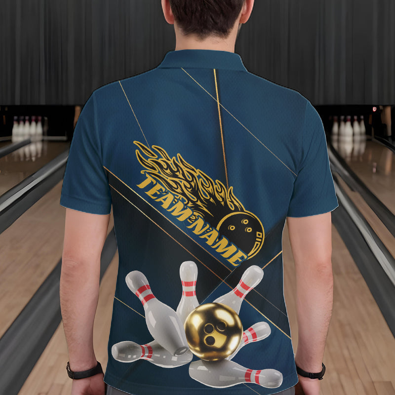 Custom Blue And Gold Bowling Shirts For Men, Flame Bowling Team Shirts Bowling Uniform IPHW10661