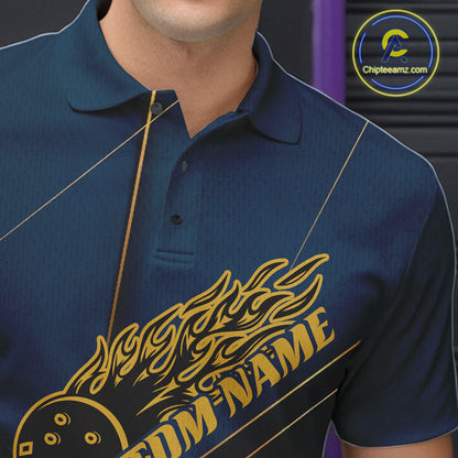 Custom Blue And Gold Bowling Shirts For Men, Flame Bowling Team Shirts Bowling Uniform IPHW10661