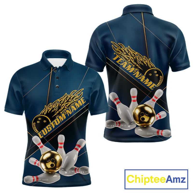 Custom Blue And Gold Bowling Shirts For Men, Flame Bowling Team Shirts Bowling Uniform IPHW10661