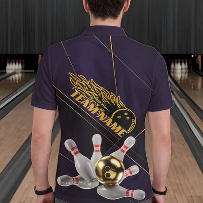 Custom Purple And Gold Bowling Shirts For Men, Flame Bowling Team Shirts Bowling Uniform IPHW10662