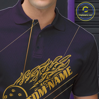 Custom Purple And Gold Bowling Shirts For Men, Flame Bowling Team Shirts Bowling Uniform IPHW10662