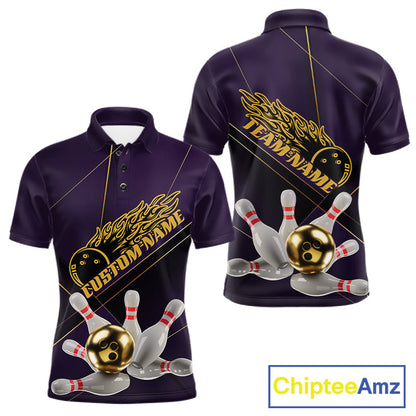 Custom Purple And Gold Bowling Shirts For Men, Flame Bowling Team Shirts Bowling Uniform IPHW10662