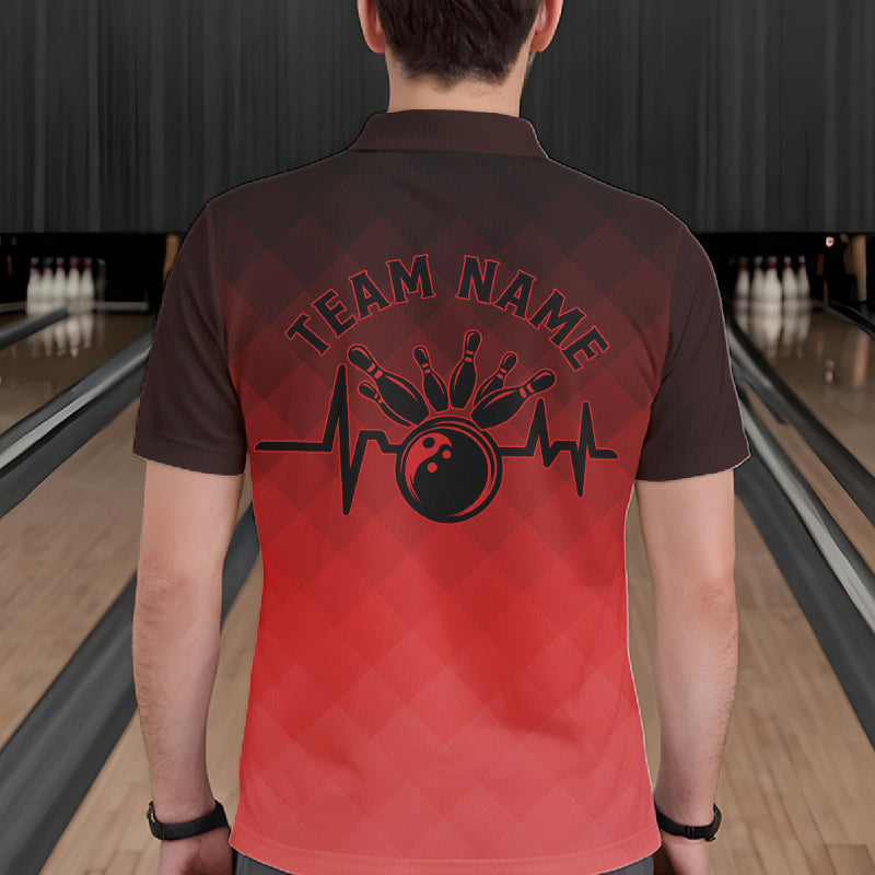 Bowling Heartbeat Pulse Line Red Argyle Custom Bowling Team Polo Shirts For Men IPHW10664