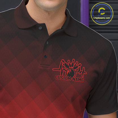 Bowling Heartbeat Pulse Line Red Argyle Custom Bowling Team Polo Shirts For Men IPHW10664