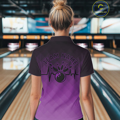 Bowling Heartbeat Pulse Line Purple Argyle Custom Bowling Team Polo Shirts For Women IPHW10665